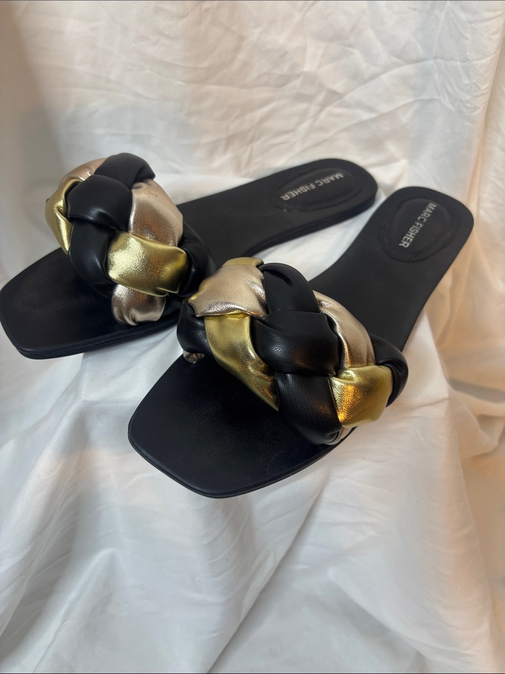 Marc Fisher Black, Gold & Silver Braided Slide Mules